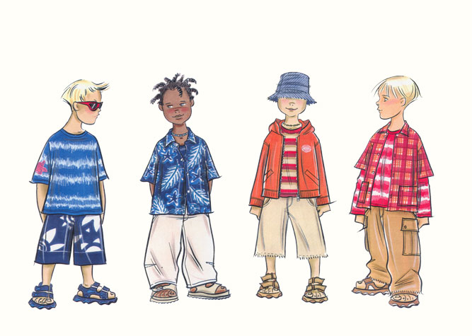 Childrenswear: pre-teens.  Four boy figures in a variety of casual beachwear.  This copyrighted image is the work of British Fashion Illustrator Hilary Kidd