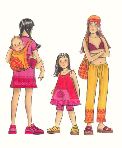 Childrenswear: pre-teens.  On the beach: 3 female figures, one carrying a baby.  This copyrighted image is the work of British Fashion Illustrator Hilary Kidd