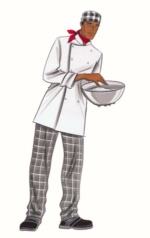 Professional kitchenwear: Chef's whites.This copyrighted image is the work of British Fashion Illustrator Hilary Kidd