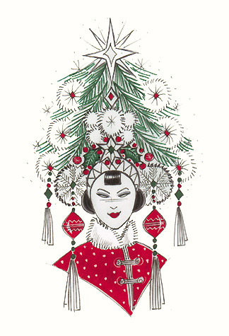 Chinese christmas tree woman. A copyrighted greetings card image by British Illustrator Hilary Kidd