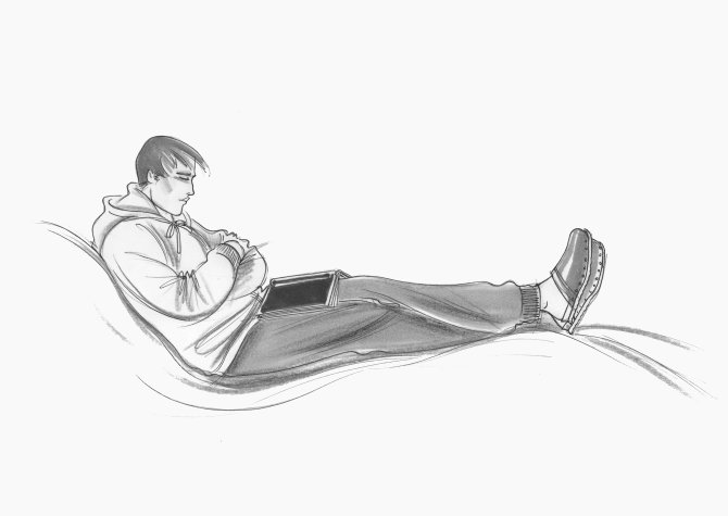 Man in casual clothes with a book. This copyrighted image is the work of British Fashion Illustrator Hilary Kidd