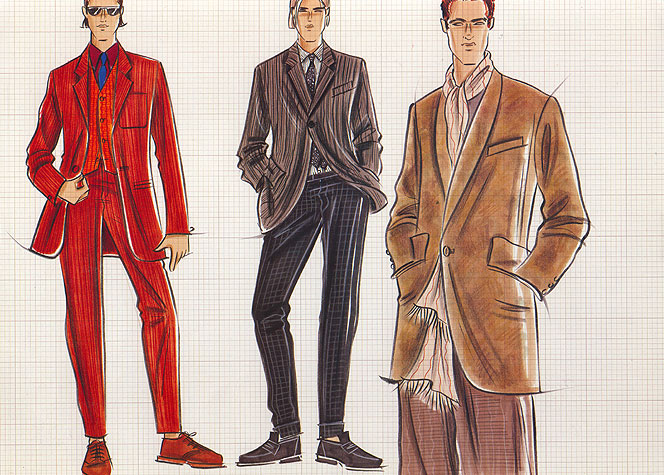 Male casual wear: suits and jackets.  This copyrighted image is the work of British Fashion Illustrator Hilary Kidd