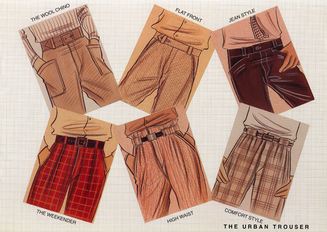 Male casual wear: the urban trouser.  This copyrighted image is the work of British Fashion Illustrator Hilary Kidd