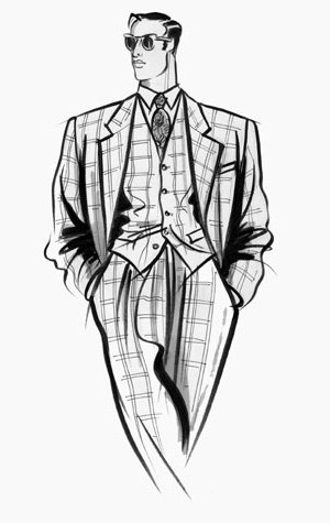 Male formalwear: relaxed figure in check 3-piece suite, wearing sunglasses.  This copyrighted image is the work of British Fashion Illustrator Hilary Kidd