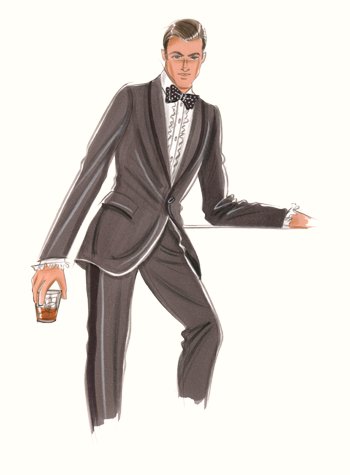 Male formalwear: male figure in eveningwear, with tumbler of whisky.  This copyrighted image is the work of British Fashion Illustrator Hilary Kidd