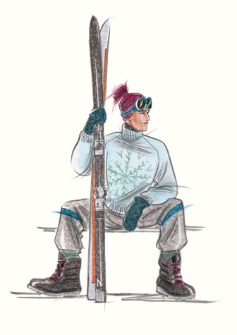 Male sports and active wear:  seated figure in ski clothing.  This copyrighted image is the work of British Fashion Illustrator Hilary Kidd