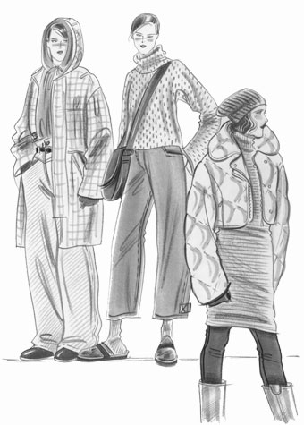 Womens daywear: cocoon winter clothing.  Pen and ink illustration of three female figures.  This copyrighted image is the work of British Fashion Illustrator Hilary Kidd