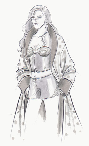 Lingerie: woman in french knickers, bustiere and robe. This copyrighted image is the work of British Fashion Illustrator Hilary Kidd
