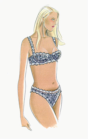 Lingerie: woman in matching bra and pants set. This copyrighted image is the work of British Fashion Illustrator Hilary Kidd