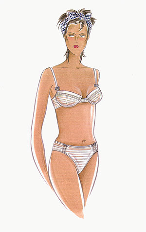 Lingerie: woman in matching bra and pants set.  This copyrighted image is the work of British Fashion Illustrator Hilary Kidd